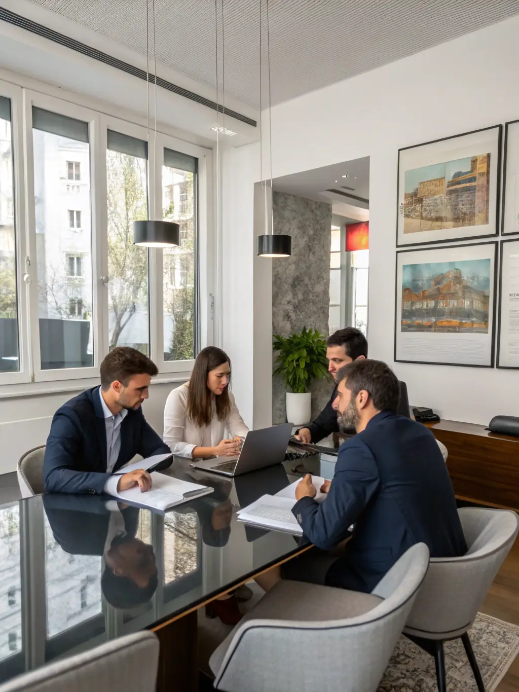 A professional team is consulting with a client in a modern office setting, discussing advertising strategies and import/export options, showcasing Selvex's personalized service.